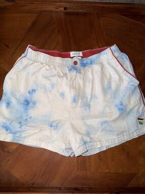 Urban Outfitters Tie-Dye Blue and White Cloud Casual Shorts with Brown Trim